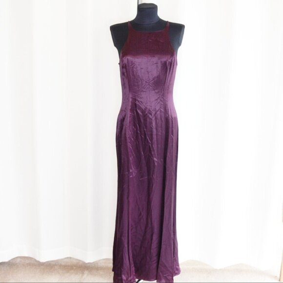 Vintage 90s Y2K Vittoria Virini Plum Halter Bias Satin Slip Maxi Dress Gown Sz S - Picture 2 of 9
